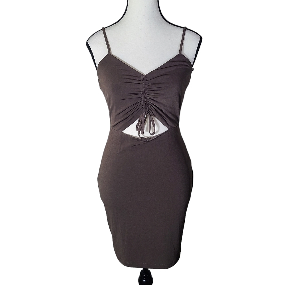 Lovesome brown ruched bodycon mini dress open midriff tie detail size Medium